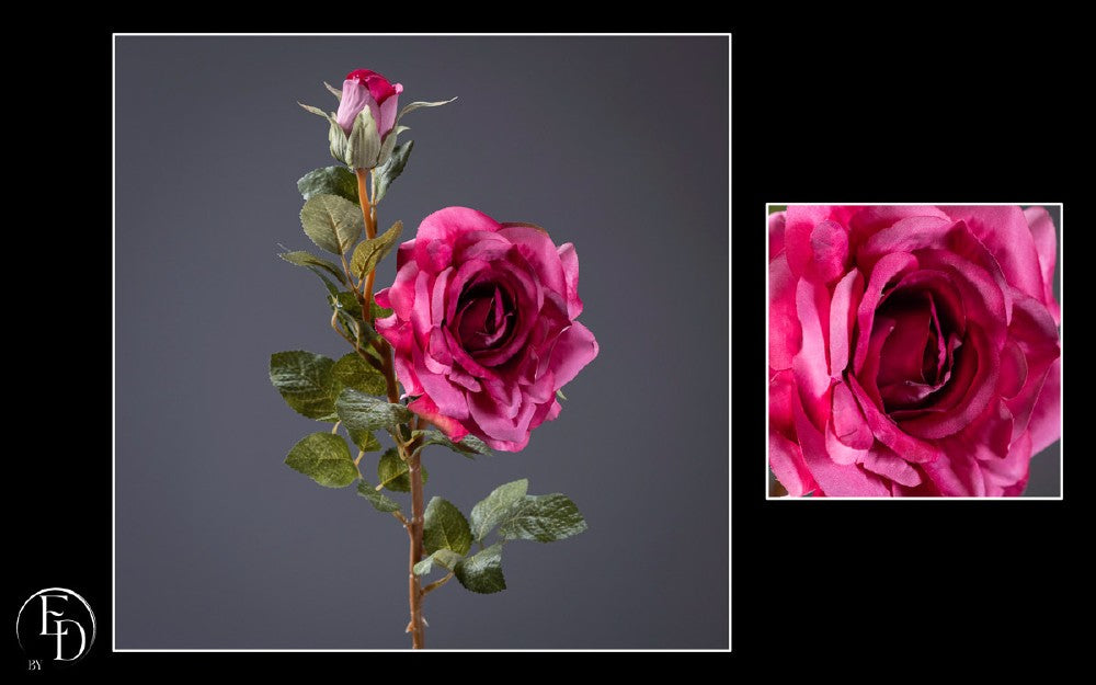 Rose artificielle ouverte fuchsia H.63 cm – Fleur généreuse et bouton réaliste S2