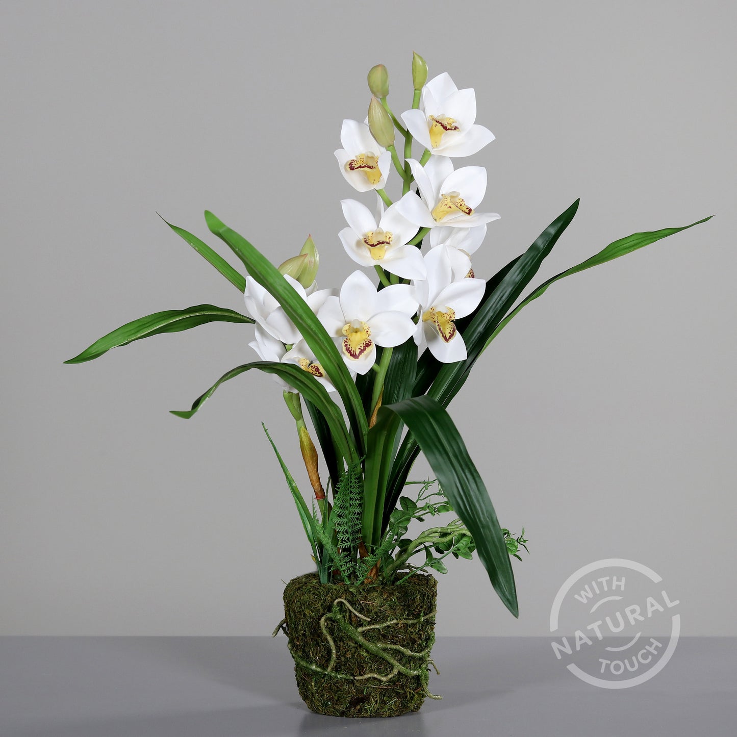 Orchidée artificielle cymbidium en motte - Feuillage intérieur - H.62cm blanc