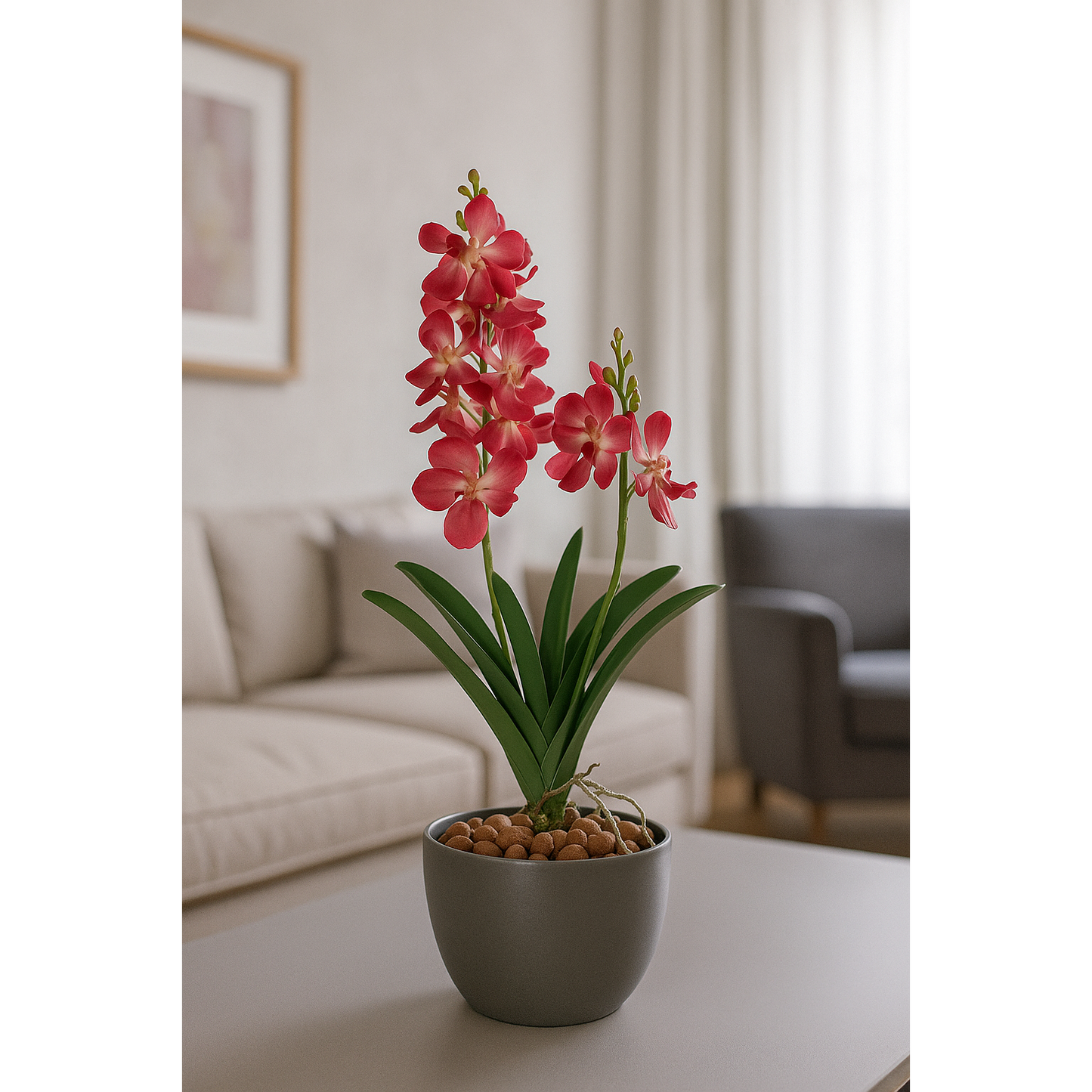Fleur artificielle Orchidée Vanda feuillage et racines H.63cm rose vif R2