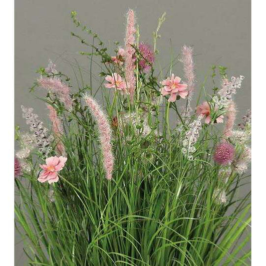 Composition artificielle fleurs de prairie - coupe céramique blanche - H.50cm rose