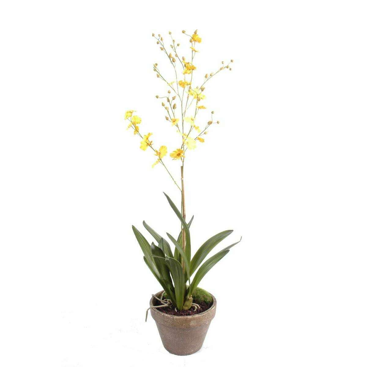 Fleur artificielle Orchidée Dancing Lady - plante en pot terre - H.90cm jaune
