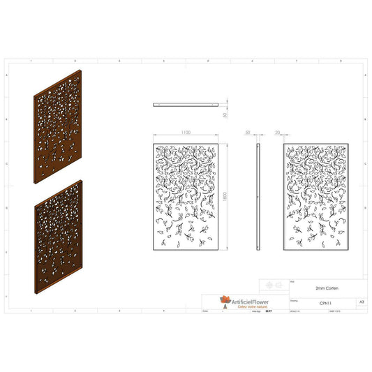 Panneau Acier Corten décors naturel feuillage - jardin terrasse - H.180x110cm rouille