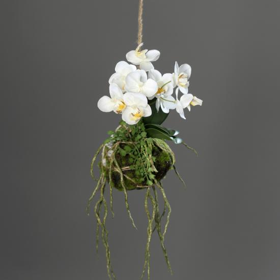 Orchidée artificielle boule de terre à suspendre - Feuillage intérieur - H.26cm blanc