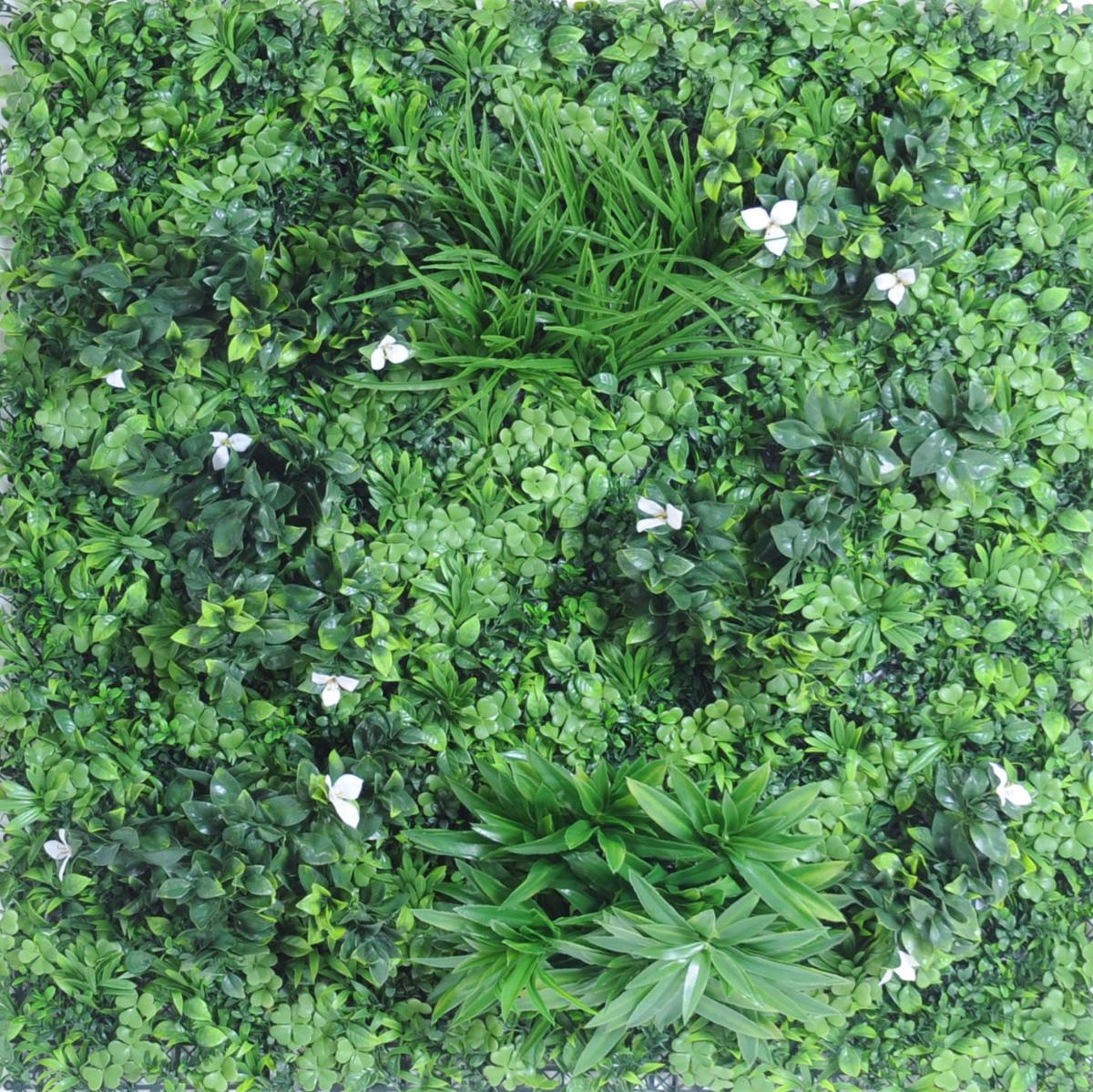 Mur végétal artificiel feuillage et fleur artificielle - décoration murale  - H. 100 cm vert blanc
