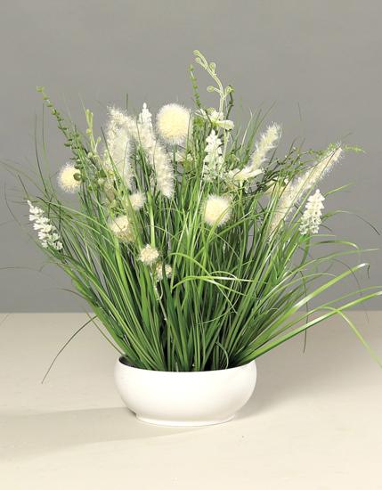 Composition artificielle fleurs de prairie - coupe céramique blanche - H.40cm