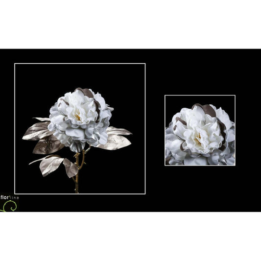 Tige de pivoine fleur artificielle 2 tons velours CREME/ARGENT hauteur 68 cm - NO2