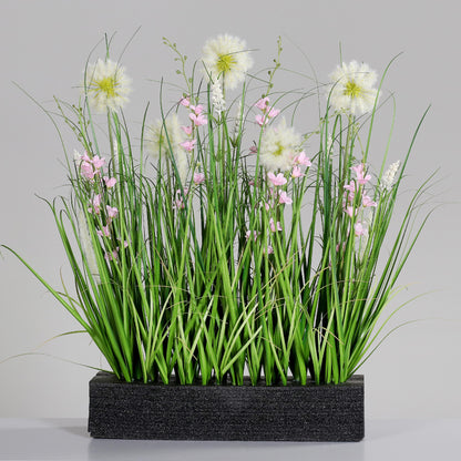 Composition artificielle fleurs de prairie et herbes sur mousse - pour jardinière rose - H.75cm