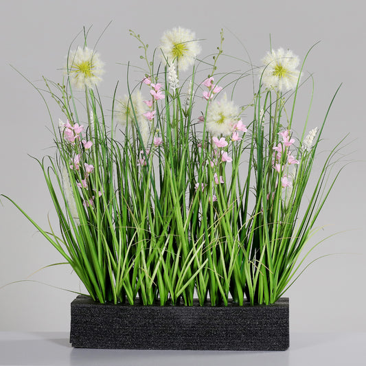 Composition artificielle fleurs de prairie et herbes sur mousse - pour jardinière rose - H.75cm