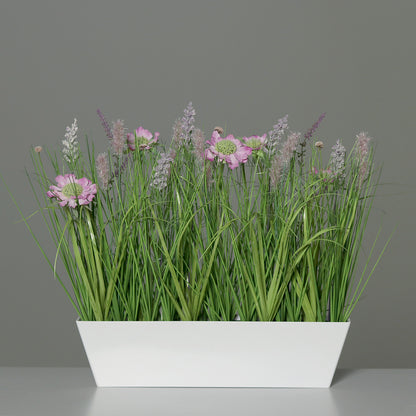 Composition artificielle fleurs de prairie - coupe plastique rectangulaire rose - H.41cm