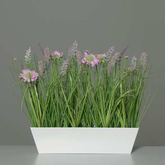 Composition artificielle fleurs de prairie - coupe plastique rectangulaire rose - H.41cm