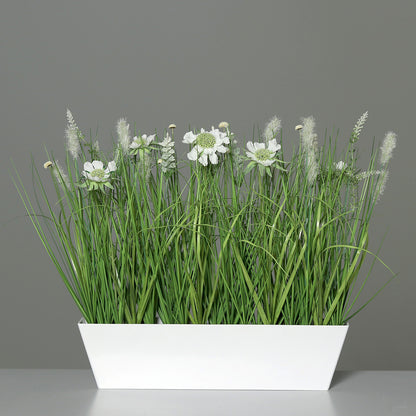 Composition artificielle fleurs de prairie - coupe plastique rectangulaire blanche - H.41cm