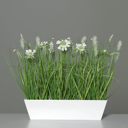 Composition artificielle fleurs de prairie - coupe plastique rectangulaire blanche - H.41cm