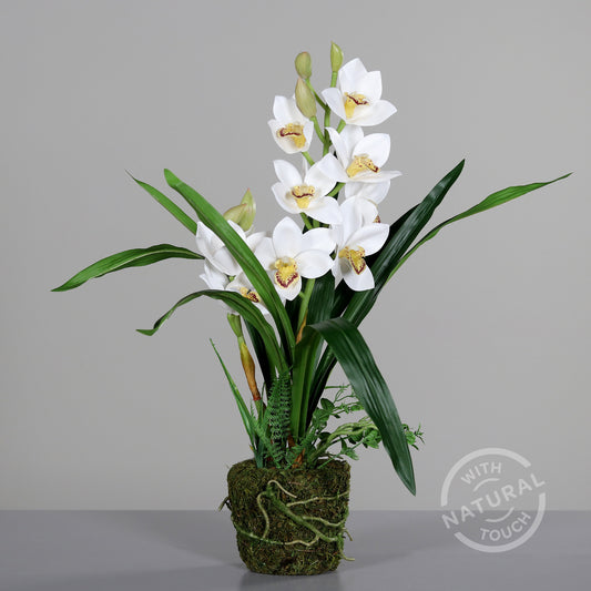 Orchidée artificielle cymbidium en motte - Feuillage intérieur - H.62cm blanc