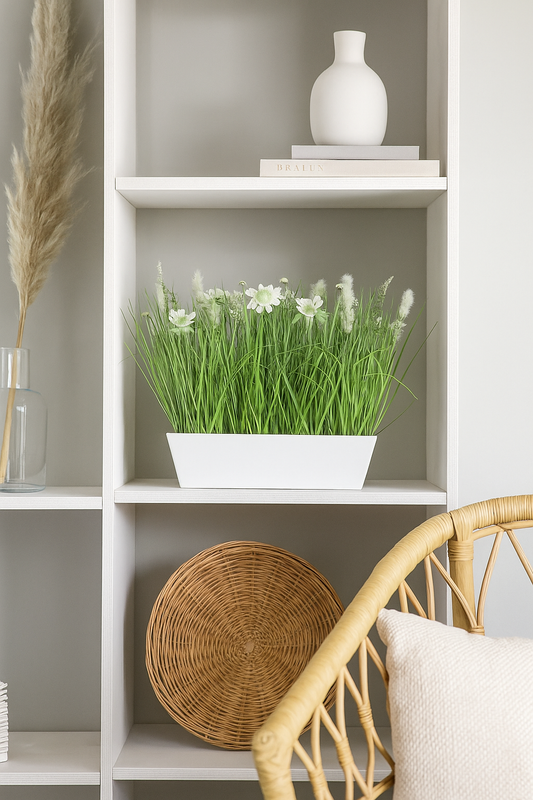 Composition artificielle fleurs de prairie - coupe plastique rectangulaire blanche - H.41cm