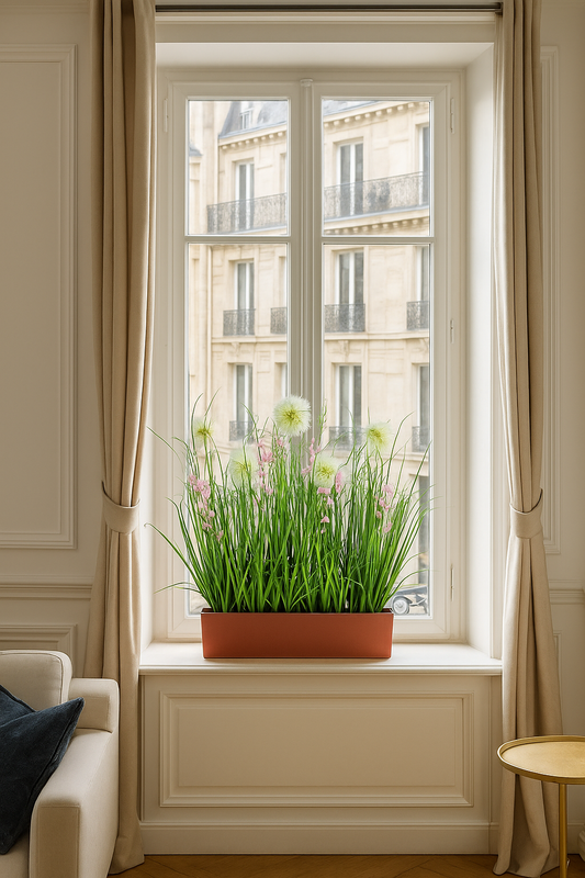 Composition artificielle fleurs de prairie et herbes sur mousse - pour jardinière rose - H.75cm