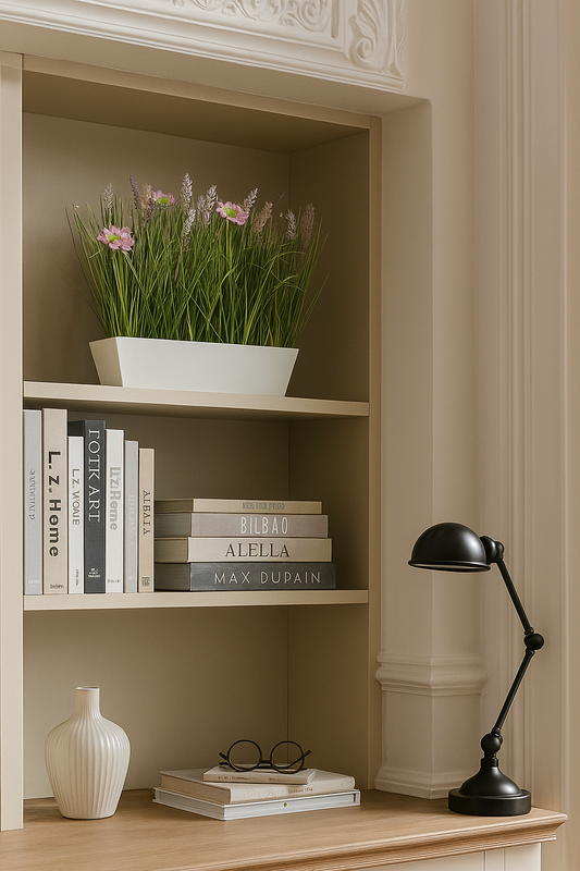 Composition artificielle fleurs de prairie - coupe plastique rectangulaire rose - H.41cm