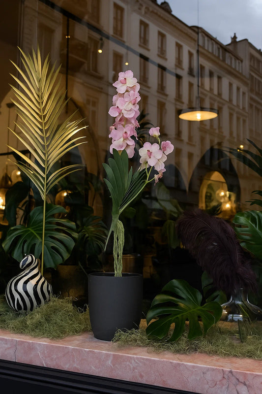 Fleur artificielle Orchidée Vanda feuillage et racines H.80cm blanc-rose