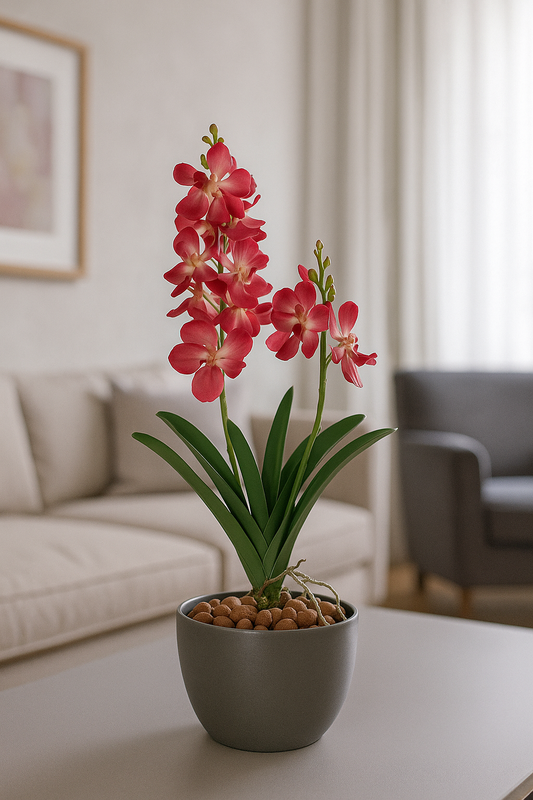 Fleur artificielle Orchidée Vanda feuillage et racines H.63cm rose vif