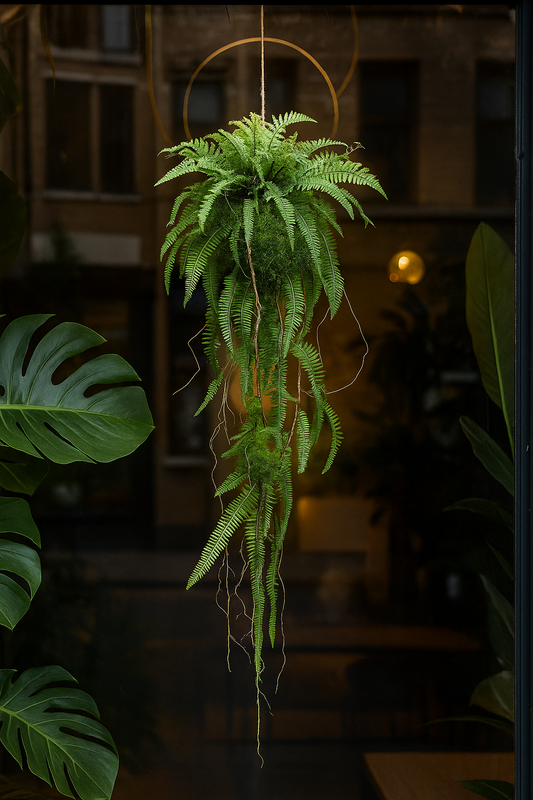 Composition artificielle boule de fougères à suspendre - Feuillage intérieur - H.122cm vert