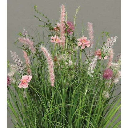 Composition artificielle fleurs de prairie - coupe céramique blanche - H.50cm rose