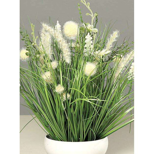 Composition artificielle fleurs de prairie blanches - coupe céramique blanche - H.40cm