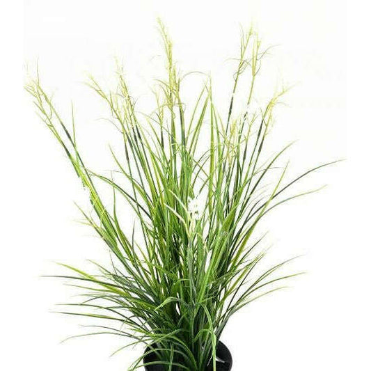 Graminée artificielle Acorus fleuri en pot - plante d'extérieur - H.70cm vert blanc - V