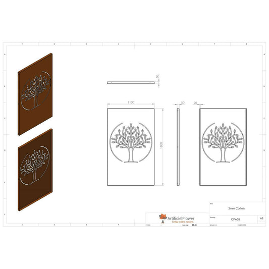 Panneau Acier Corten décors Arbre 5 - jardin terrasse - H.180x110cm rouille
