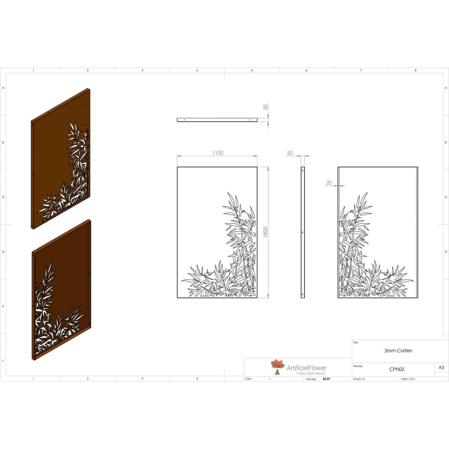 Panneau Acier Corten décors Naturel Bambou - jardin terrasse - H.180x110cm rouille