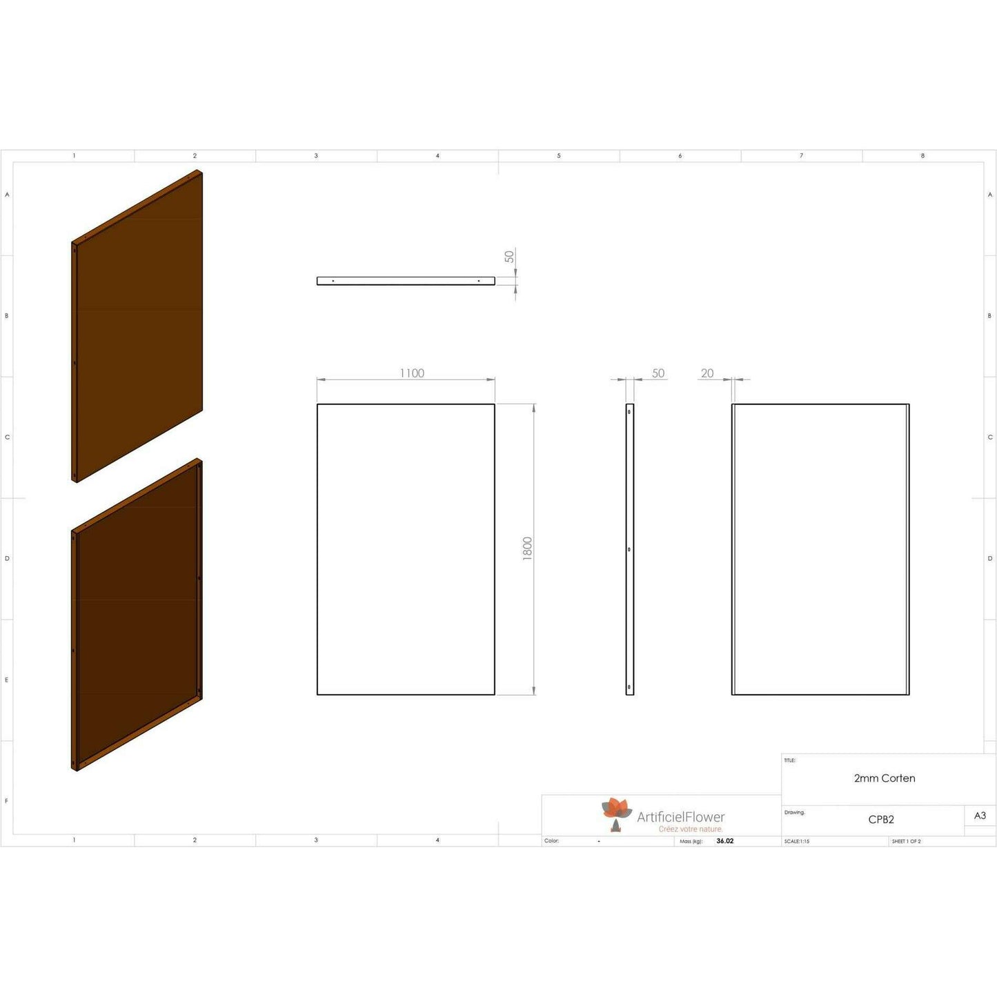 Panneau Acier Corten rouille - décoration jardin terrasse - H.180x110cm