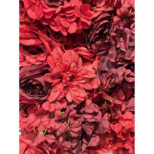 Plaque murale de fleurs artificielles roses et hortensias - déco d'intérieur - L.50x50cm rouge
