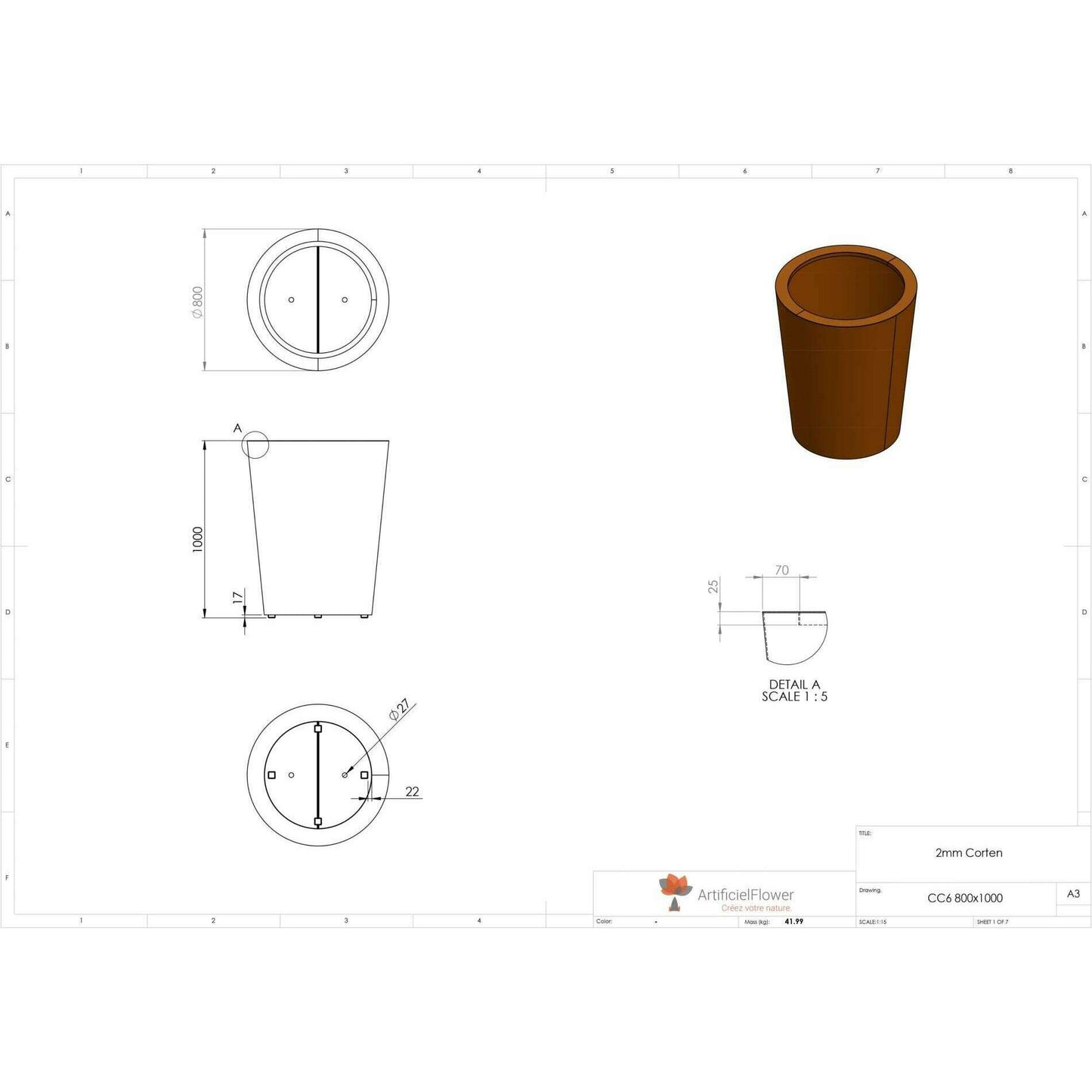 Pot pour fleur bac conique Cado rouillé - extérieur jardin - H.100xØ.80cm Corten