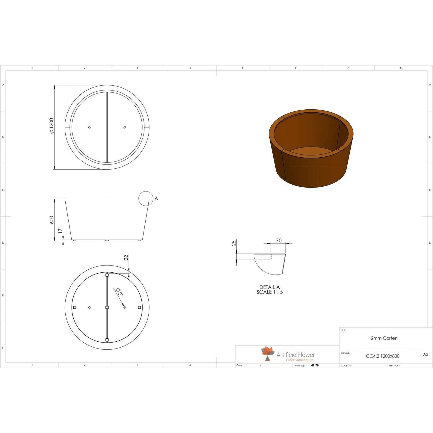 Pot pour fleur bac conique Cado rouillé - extérieur jardin - H.60xØ.120cm Corten